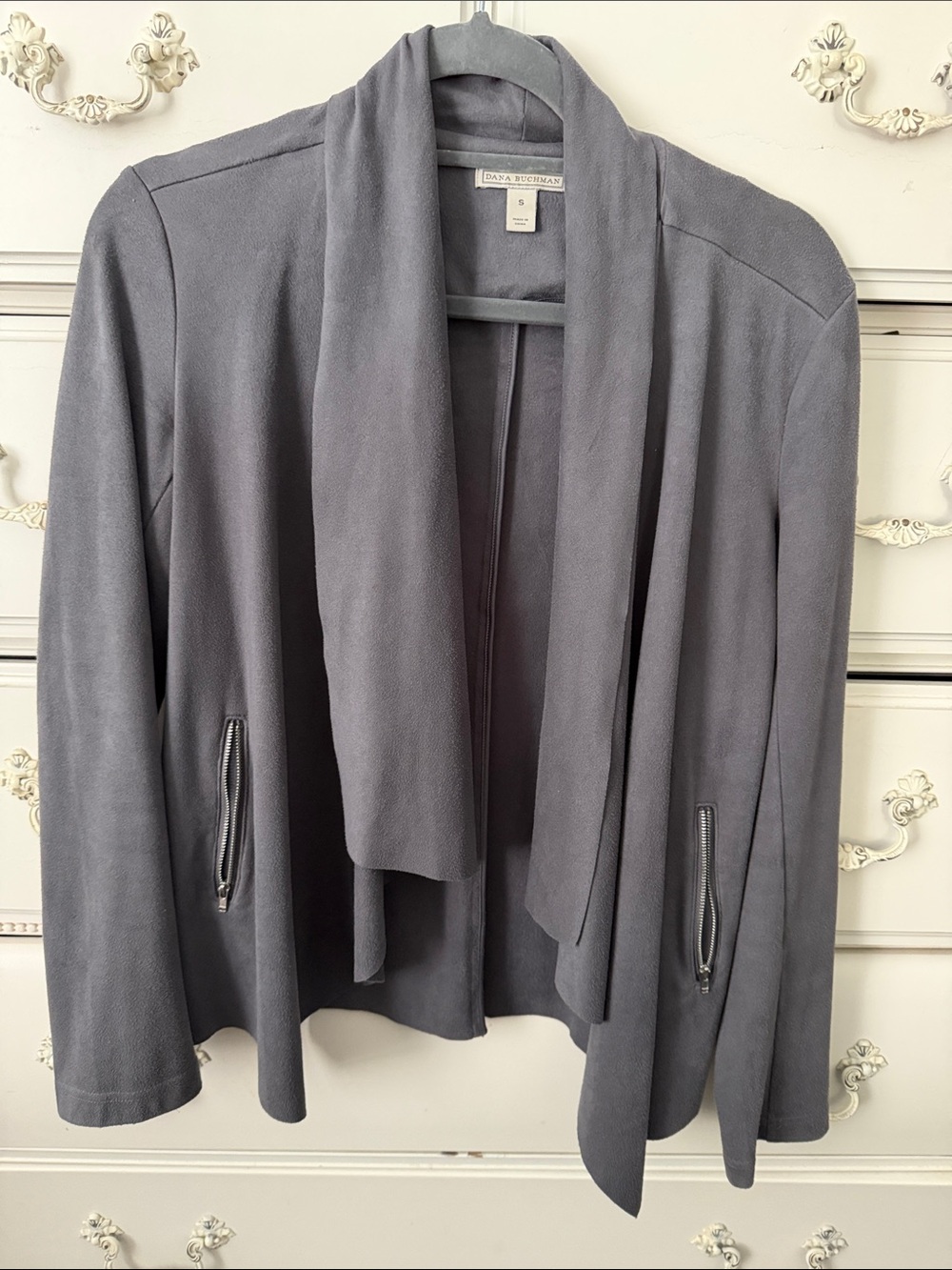 Dana Buchman Slate Gray Open-Front Draped Jacket. Faux suede